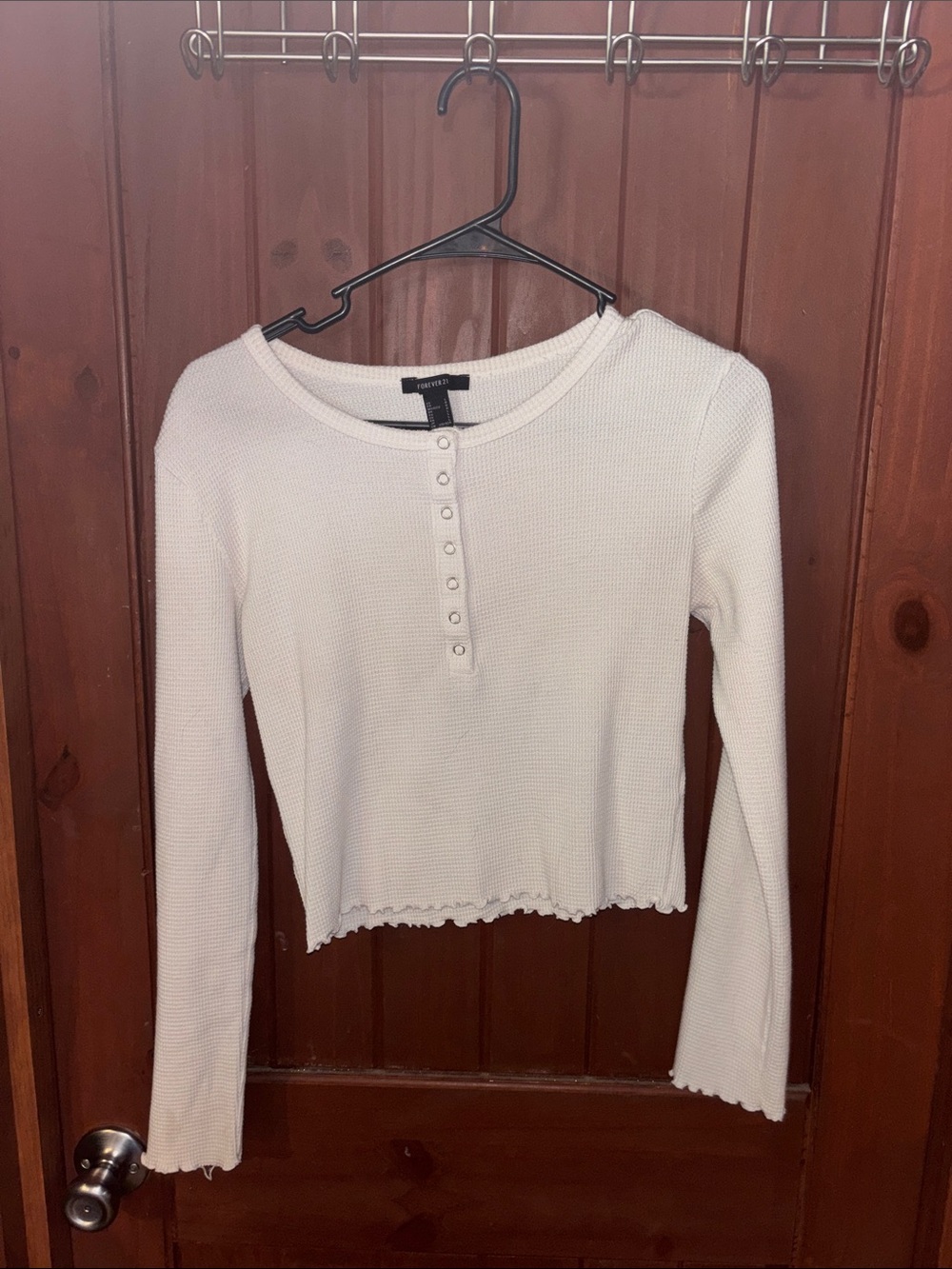 Forever 21 White Ribbed Henley Long Sleeve Cropped Top